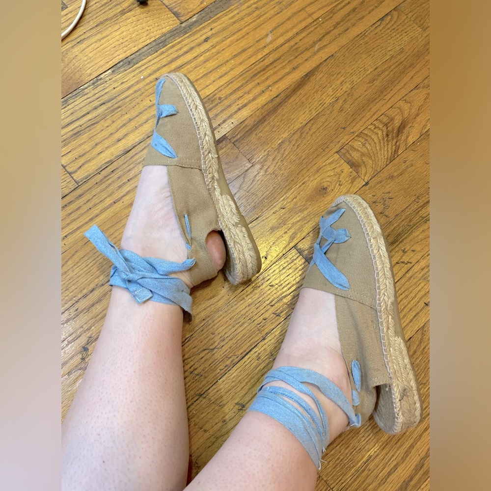 Diego Espadrilles orginal lace up tied slug back wedge tan blue sandals 39